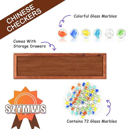 12.7 Inches Wooden Chinese Checkers Set with Storage Drawer -60 Glass Marbles in 6 Colors -12 Bonus Spare Marbles| Chinese Checkers Board Game for Kids and Adult