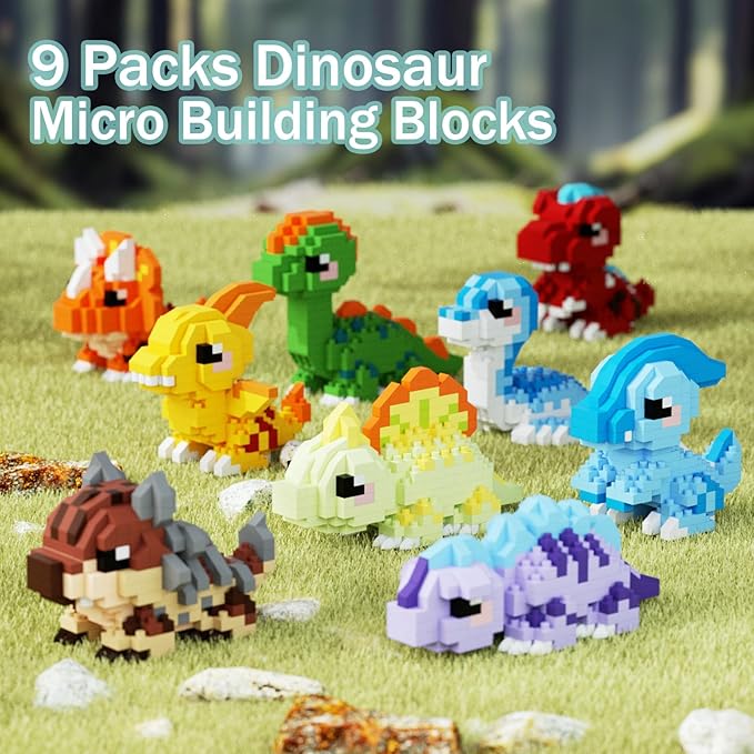 9 Packs Mini Building Set Dinosaur Toys for Adult Cut Dionsaur Building Blocks Party Favors Toys Assemble Game Home Decor Creative Birthday Gifts 14+