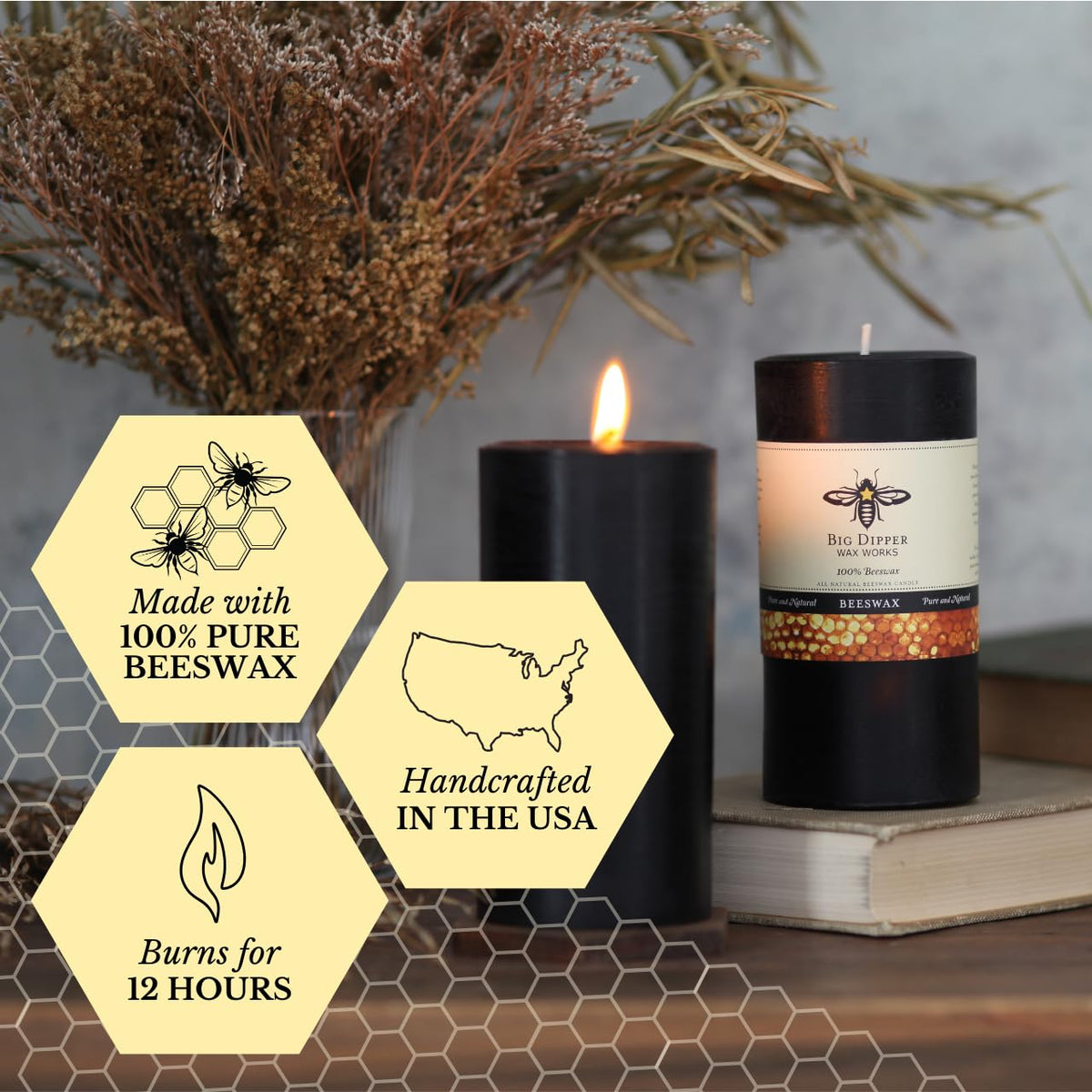 Big Dipper Wax Works Black Pillar Candle, 90-Hour Long Burn, Pure Beeswax Candle, 3" x 6”