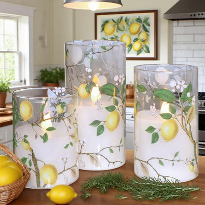 Silverstro Flameless LED Candles with Remote Lemon Decal Glass Flickering Battery Operated Candles for Home Room Party Wedding Holiday Christmas Valentine's Day Decor - Set of 3