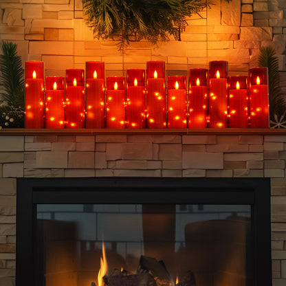 Homemory 12Pcs Flameless Candles with Star String Fairy Lights, Flickering Battery Operated Candles, LED Fake Candles with Remote and Timer, Christmas, Weddings, Home Decor, Red