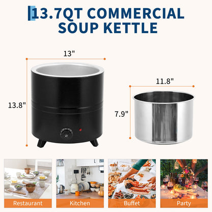 13.7 Qt Commercial Soup Kettle, Large Capacity Soup Warmer with Stainless Steel Removable Insert Pot, Swing Lid & Anti-Scald Handle, Food Warmer with Stable Base for Buffet Party Catering Restaurant