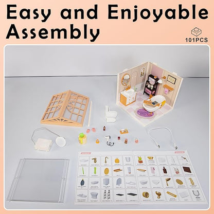 DIY Miniature House Kit with Roof &amp Dust Covers Creative Construction Toys with Light &amp Furniture for Mini Figures Christmas Decoration Gift for Teens Adults (Bathroom)