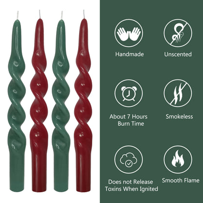 Spiral Taper Candles Set of 4, Red Green 10 Inch Handmade Candle Stick, Unscented Candlesticks, Tapered Candles for Christmas Holiday Dinner Table Decor Gift
