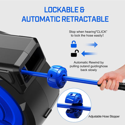 POXURIO 120FT+6.5FT Retractable Air Hose Reel, 5/16" Hybrid Air Hose, Air Compressor Hose Reel with Max 300 PSI Patented Design, Retractable Auto-Rewind Enclosed Heavy Duty 180° Swivel Mount