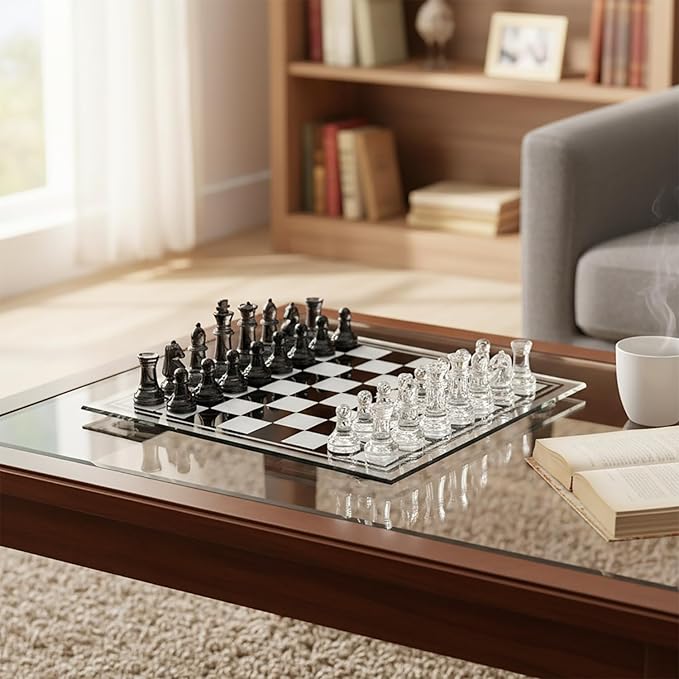 35cm/13.8 Glass Chess Set with Clear &amp Black Pieces – Elegant Transparent Board Game for Adults &amp Beginners Home Decor &amp Gift Choice
