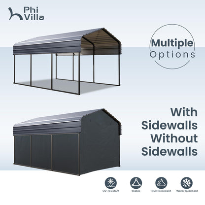 PHI VILLA 10x15 ft Carport, Metal Carports Canopy with Sidewalls Heavy Duty Car Port Portable Garage with Galvanized Steel Roof Multi-Use Shelter, Sturdy Car Ports for Cars, Boats and Tractors