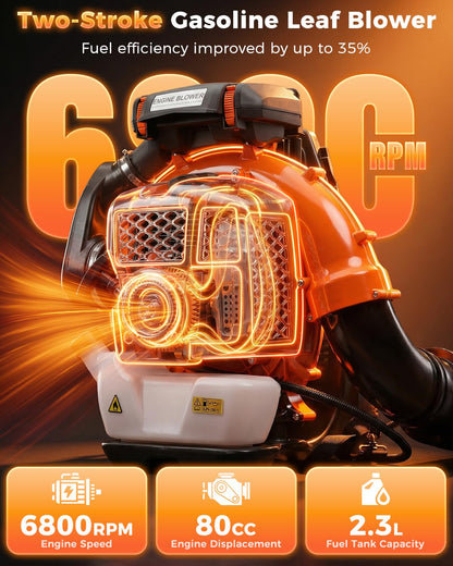 80cc Gas Backpack Leaf Blower, 900CFM 206MPH 2-Stroke Engine, Heavy-Duty Leaf & Snow Blower for Lawn, Garden & Commercial Use (Orange)