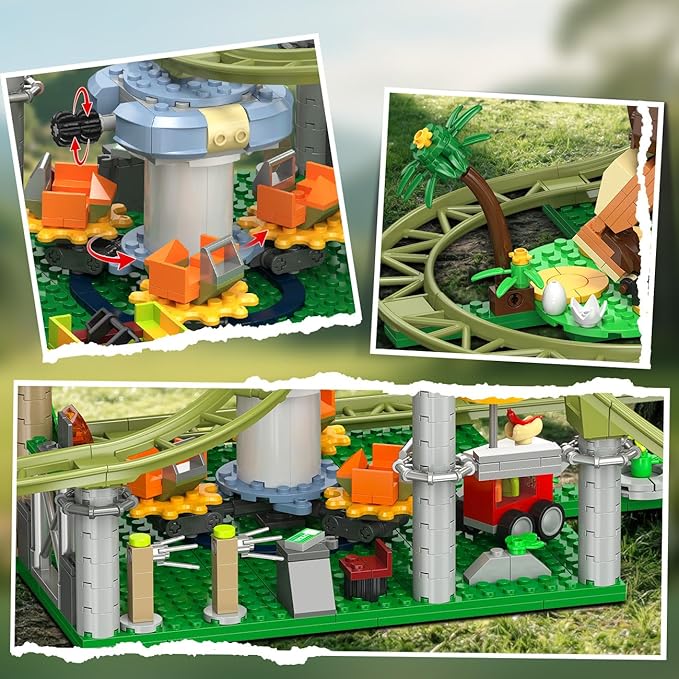 HOGOKIDS Dinosaur Roller Coaster Building Set - 1222 PCS Roller Coaster Building Toy with 4 Dinosaur Off-Road Vehicle Food Cart Dinosaur Models Playset Gifts for Adults Girls Boys Ages 8-12 Years