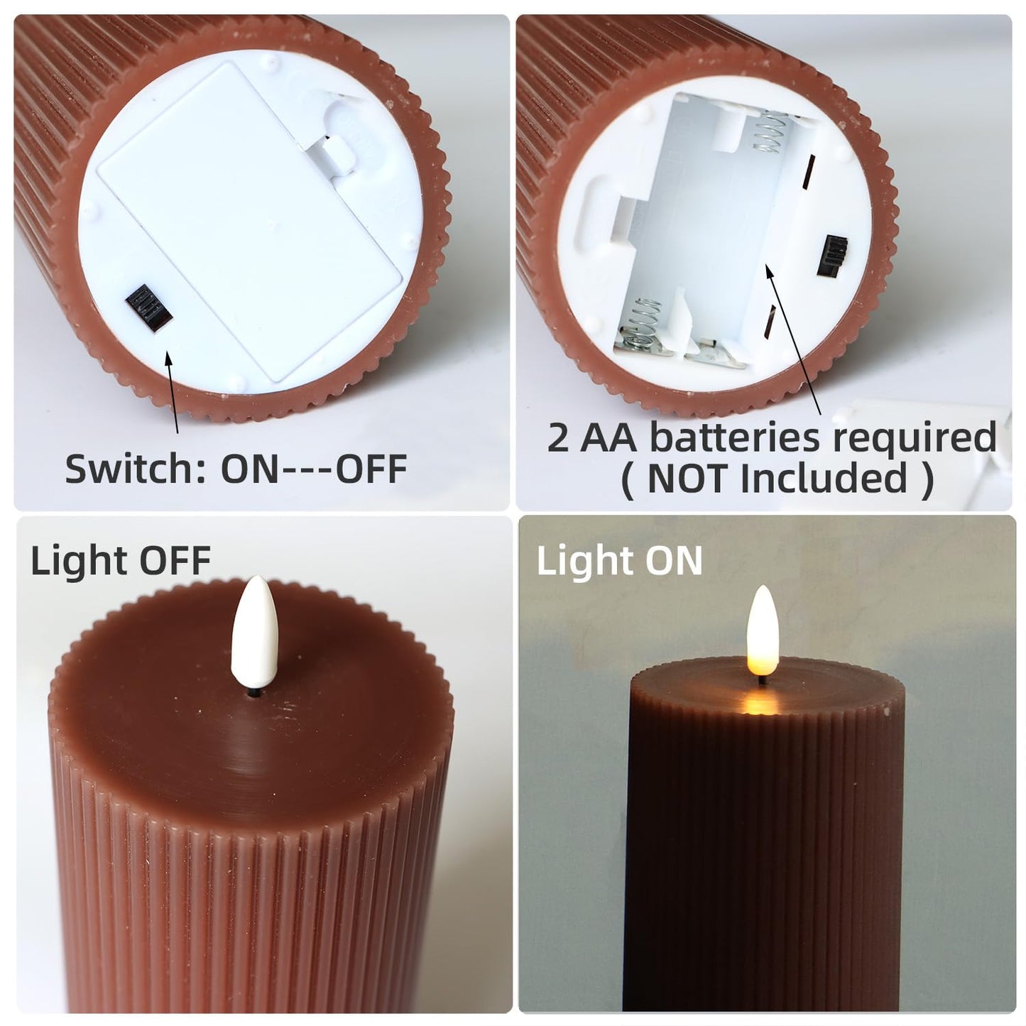 3 Pack Wax LED Flameless Candles with Remote Real Wax Battery Operated Electric Pillar Candle Set with Vertical Stripes 3D Black Wick for Home Party Wedding Decorations, Brown, D 3 x H 4/5/6 inch