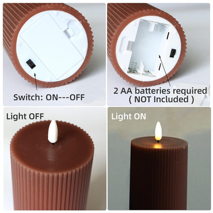 3 Pack Wax LED Flameless Candles with Remote Real Wax Battery Operated Electric Pillar Candle Set with Vertical Stripes 3D Black Wick for Home Party Wedding Decorations, Brown, D 3 x H 4/5/6 inch