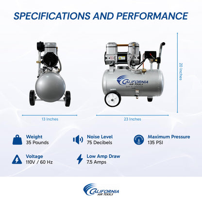 California Air Tools CAT-4710W 1.0 HP Quiet and Oil-Free Air Compressor with Wheels, 4.7 Gallon Steel Tank, 75 dBA Noise Level, Lightweight
