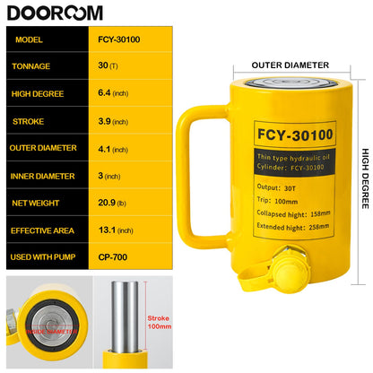 DOOROOM 30T 4Inch Stroke Porta Power Single Acting Lifting Cylinder for Shipbuilding, Machinery and Industry,Automatically Retract Split Hydraulic Cylinders Jacks, Yellow