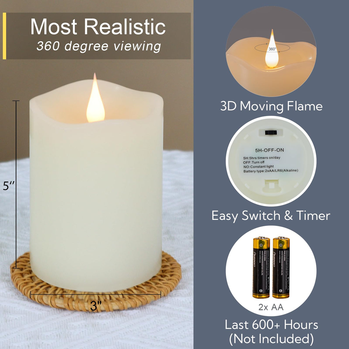 TECHLONG Flameless Candles Battery Operated with Remote Timer, 3D Moving Flame Flickering, Last 600+ Hours Battery Candles, 3" x 5" Ivory Real Wax Electric LED Candle for Wedding Party, Set of 2
