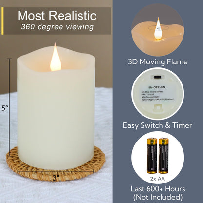 TECHLONG Flameless Candles Battery Operated with Remote Timer, 3D Moving Flame Flickering, Last 600+ Hours Battery Candles, 3" x 5" Ivory Real Wax Electric LED Candle for Wedding Party, Set of 2