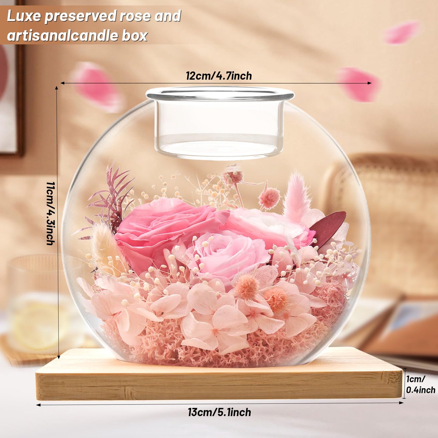 Preserved Flowers in Glass Dome with Candle Holder, Real Roses Eternal Flower Arrangement, Scented Candle Gift Set with 18 Candles for Women Mom Wife Birthday Mother's Day Valentine's Day (Pink)