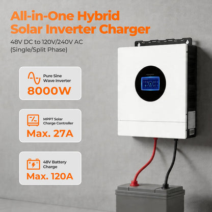 AuraSolar 8000W Hybrid Solar Inverter 48V DC to 120V/240V AC Split Phase, Pure Sine Wave Inverter Built-in MPPT 120A Charge Controller, Power Converter for Home Backup Off Grid Solar System