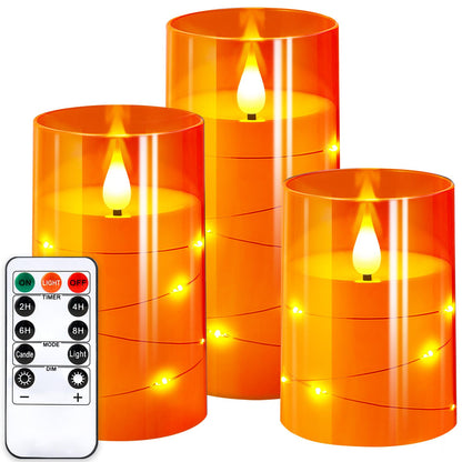 NURADA Flameless Candles with Remote Timers: Built-in Star String Lights 3D Wick Battery Operated Flickering LED Electric Candles for Halloween Thanksgiving Dinner Tables Fall Home Decor Orange 3 Pack