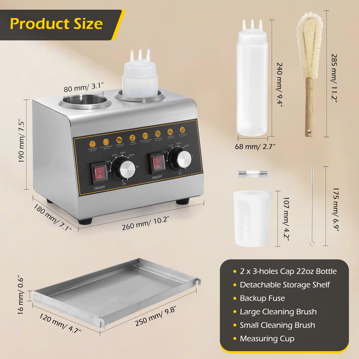 Dyna-Living Electric Sauce Warmer - 500W Nacho Cheese Warmer Dispenser with Removable Storage Rack, Commercial Sauce Bottle Warmers for Hot Fudge Ketchup Chocolate Cheese with 650ml Squeeze Bottle*2