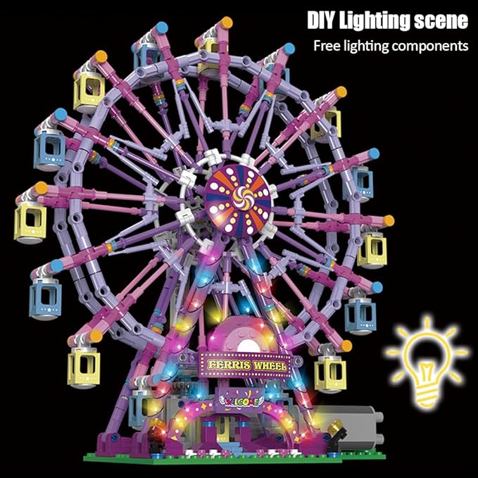 Rotating Ferris Wheel Building Blocks Kitwith Lights Amusement Park Building Construction Toys Set for 6+ Year Boys.Girls.Adult(870 Pieces) Pink