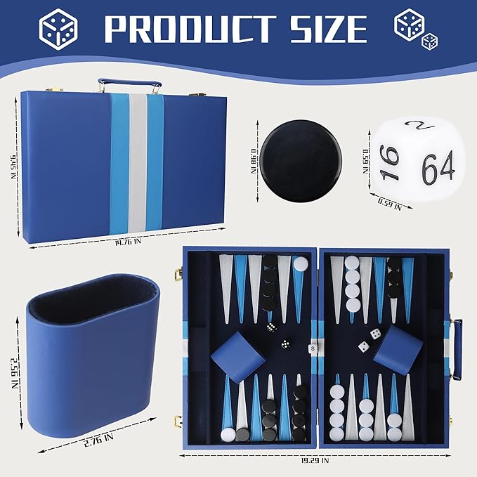 Froggod 15 inch Backgammon Sets for Adults - Classic Board Game for Adults - Portable Travel Backgammon Set for 2 Players - Perfect Adult Board Games for Gifts &amp Family Fun(Vivid Blue)