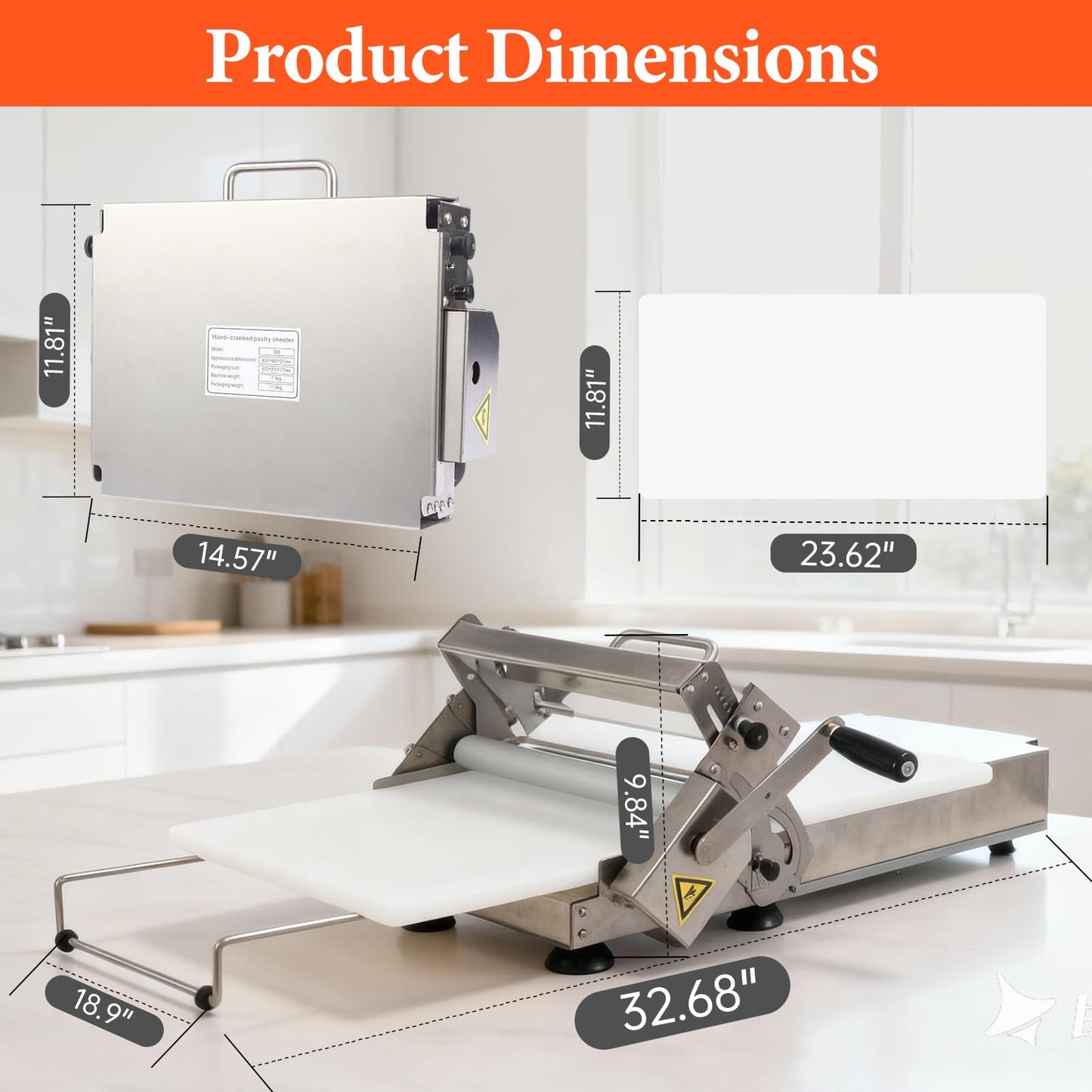 32.6" x 11.8" Folding Manual Dough Sheeter with PE Board – Stainless Steel Countertop Dough Roller Machine, Adjustable Thickness (0–25mm) for Pastry, Pizza, Croissant, Cookie & Pasta