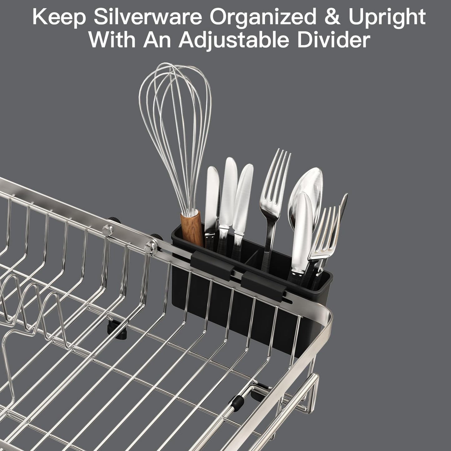 MAJALiS Dish Drying Rack Over The Sink, Expandable Stainless Steel Dish Drainer for Small Kitchen Counter Space Saving, RV Compact Plate Strainer In Silver Metal with Hanging Adjustable Utensil Holder