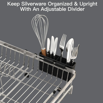 MAJALiS Dish Drying Rack Over The Sink, Expandable Stainless Steel Dish Drainer for Small Kitchen Counter Space Saving, RV Compact Plate Strainer In Silver Metal with Hanging Adjustable Utensil Holder