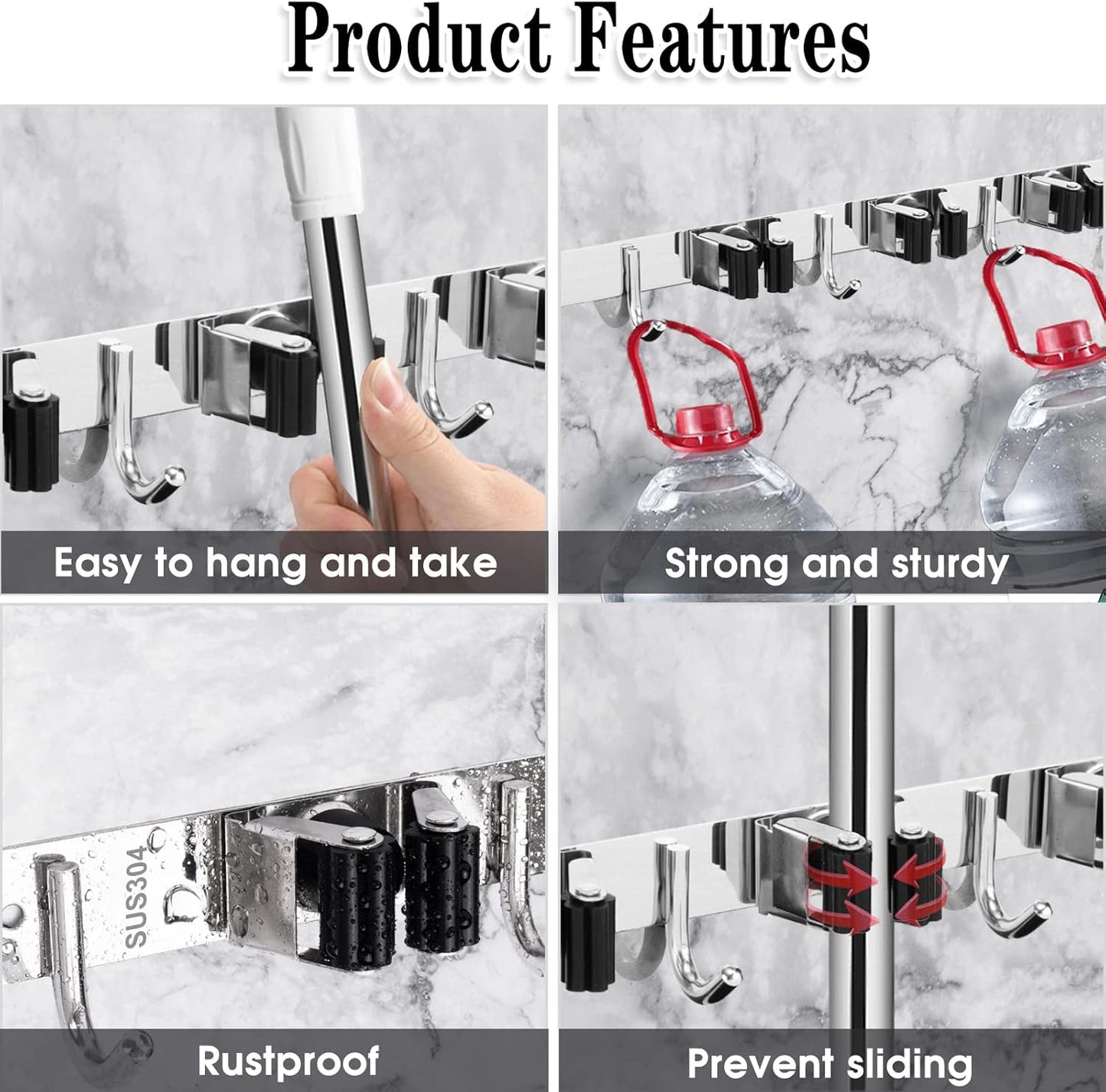 Skiennix Wall Mounted Broom and Mop Holder - Heavy Duty 5 Racks & 4 Hooks | Stainless Steel, Black