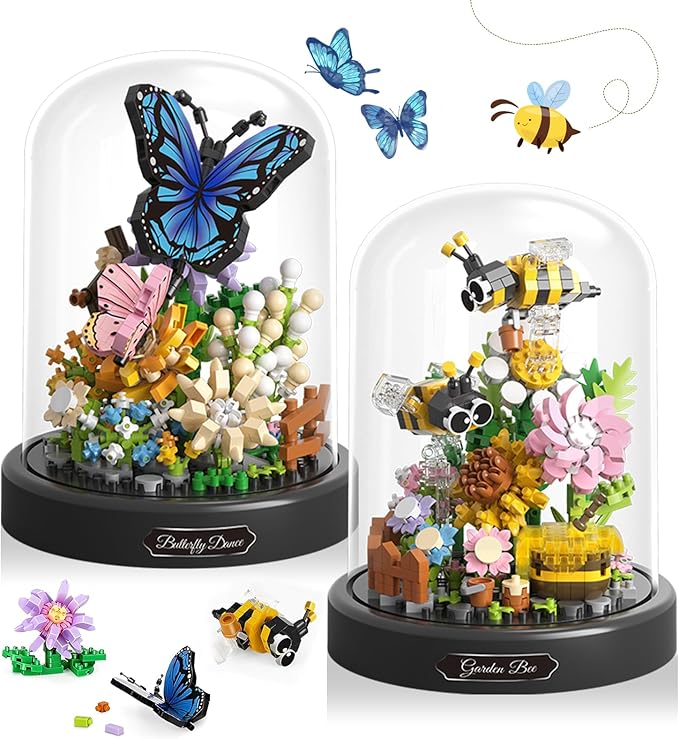 2 Flowers Bouquet Building Set Insect Collection Mini Animals Bee &amp Sunflowers Butterfly &amp Rose Botanical Plant Micro Blocks Not Compatible with lego Ideal Valentine's Day Gift Lover Teen (