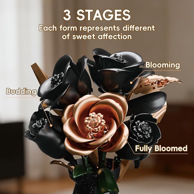 Black Roses Flower Bouquet Building Set with Vase - 255 Pcs Botanical Collection with Rose Gold Accent Artificial Floral Centerpiece Gothic Home Decor Gift for Adults