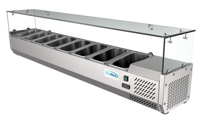 KoolMore SDC-8P-SG Condiment Prep Rail Station with Sneeze Guard, 71 Inch, Silver