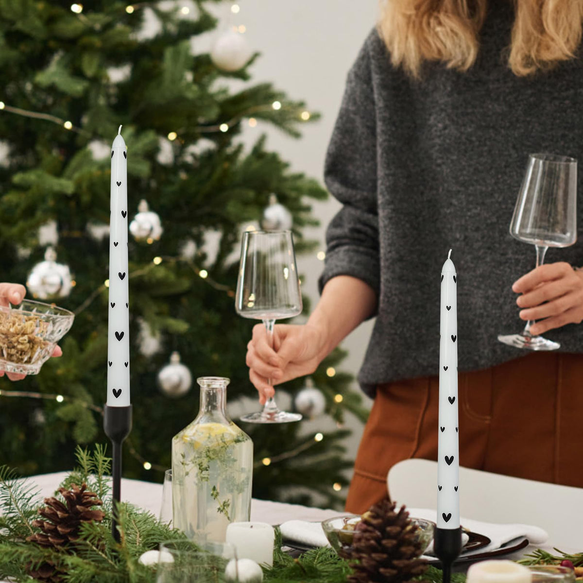 Baleagcdl White & Black Heart Taper Candles - 10 Inch Handmade Drip Candlesticks, Set of 2 for Wedding Home Holiday Decor Gifts