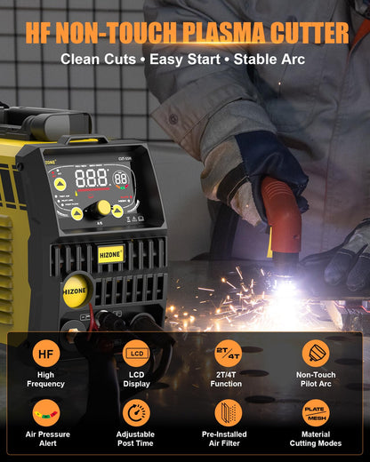 HIZONE 55A Plasma Cutter Machine, High Frequency Non-Touch Pilot Arc Plasma Cutting Equipment with LCD Display, 120/240V Cutting Machine, 2T/4T Function, Post Flow, 3/4" Max Cut, Ideal for Beginners