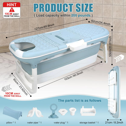 Portable Bathtub for Adults,Large 50 inch Collapsible Bathtub with Lid,Reusable Freestanding Foldable Tub,Collapsible Hot Ice Soaking Bath Tub for Small Space (50inch Blue)