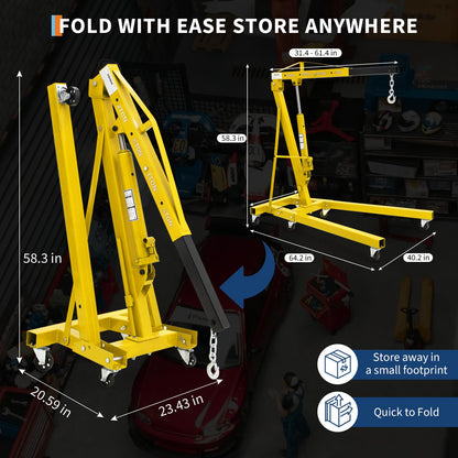 MilleLoom 2T Heavy Duty Folding Engine Hoist with 59" Load Leveler - 4400 Lbs Hydraulic Cherry Picker, 6 Swivel Wheels & 1100 Lbs Engine Support Bar for Garage Workshop Warehouse