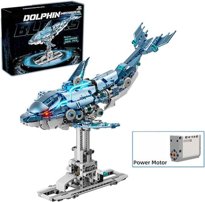 Mechanical Blue Dolphin Building Blocks Linkage Kit Sea Animal Model with Lighting Display Stand STEM Power Toy DIY Desktop Ornament for Kids &amp Adults Ages 12+ Birthday Gift Idea 888pcs