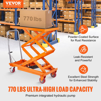 VEVOR TFD35 Hydraulic Lift Table Cart, 770lbs Capacity 59" with 4 Wheels and Non-Slip Pad, for Material Handling and Transportation, Orange