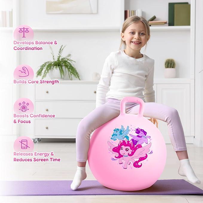 PlayZap Hopper Balls for Kids 3-8 18 Inches Bouncy Ball with Handle Inflatable Bouncing Hopper Jumping Hopping Toys Hippity Hop Girls Boys Gifts Pink