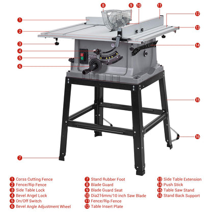 Table Saw, 10 Inch 15A Multifunctional Saw With Stand & Push Stick, 90° Cross Cut & 0-45° Bevel Cut, 5000RPM, Adjustable Blade Height for Woodworking, Grey
