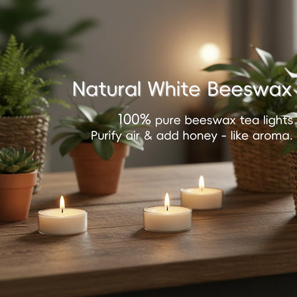 48 Pcs Natural Beeswax Tealight Candles White, Pure Beeswax Tea Candles in Clear Cup, Organic Ivory Small Tea Light Candles with 4 Hours Clean Burn Time, Soy, Paraffin, & Fragrance Free