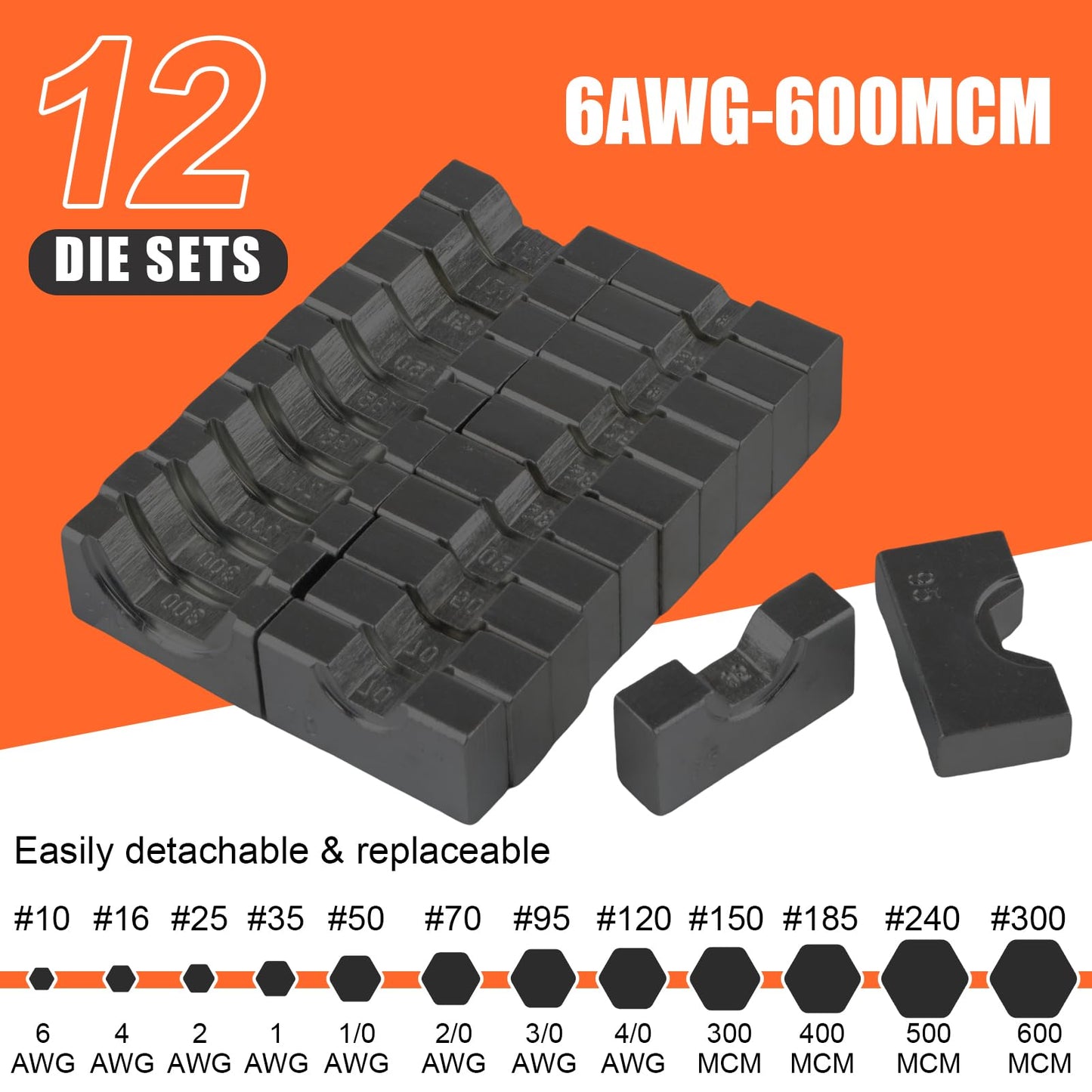JIGONGSUN Electric Hydraulic Crimping Tool, Battery Cable Crimper Tool, 10 Ton Wire Crimpers Electrical, Rang 6AWG-600MCM and Electrical Wire Lugs Tool 12 Pairs of Dies (JGS-240)
