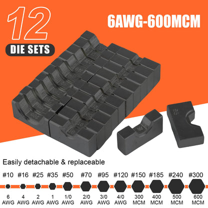 JIGONGSUN Electric Hydraulic Crimping Tool, Battery Cable Crimper Tool, 10 Ton Wire Crimpers Electrical, Rang 6AWG-600MCM and Electrical Wire Lugs Tool 12 Pairs of Dies (JGS-240)