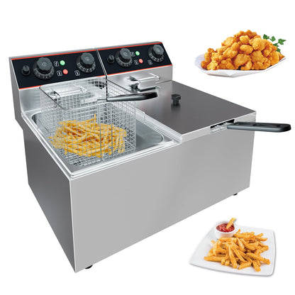 GarveeHome Commercial Deep Fryer with Basket, 16.8 QT Stainless Steel Electric Countertop Fryer with Double Tanks and Temperature Control for Restaurant and Home Use, 1800 W+1800 W