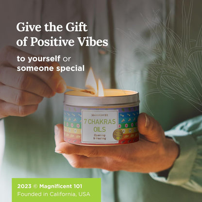 MAGNIFICENT 101 7 Chakra Energy Cleansing Aromatherapy Tin Candle with Chakra Oils - 6 Oz Orange Soy Wax - 35 Hr Burn - Healing Candle for Meditation & Manifestation