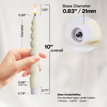WYZworks 10" Flameless LED Taper Candles – Full Twisted Spiral – Ivory, Set of 6 – Remote, 2/4/6/8-Hr Timer (24-hr Memory), Bottom On/Off Button, Dimmable, Battery Operated, Flicker/Steady