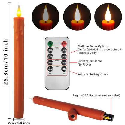 Flameless Taper Candles -10 inch 6 Pack Orange Candle Sticks with 3D Flickering Effect & 10-Key Remote, Realistic Battery Operated Candlesticks for Christmas Decor, Weddings, Halloween, Home Decor