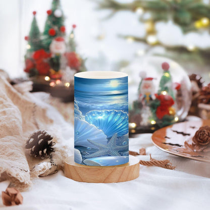 Glowing Blue Sea Conch Shells Star Flickering Flameless Candles LED Battery Operated with Remote Timer Pillar Candles for Home Birthday Wedding Christmas Decor, Set of 2