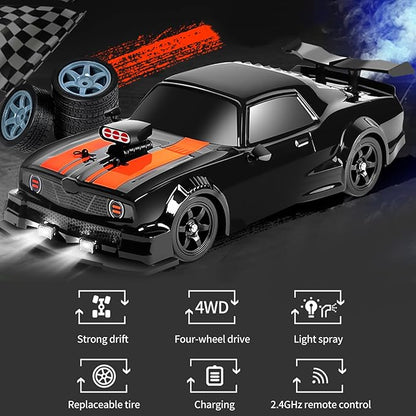 GoolRC Remote Control Drift Car 1:16 Scale Fast and Furious Cars 18KM/H High Speed RC Cars 2.4GHz 4WD Remote Control Race Car LED Lights Spray Rubber Tire for Adults Teens Gift