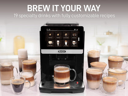 Zulay Magia Super Automatic Espresso Maker Machine with Grinder - 19 Fully Customizable Coffee Options, Auto Cleaning, Milk Foam System - for Latte, Cappuccino- Prime - Silver (13.8x18x9.4)